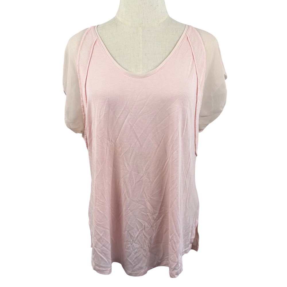 Simply Vera Vera Wang Womens L T-Shirt Pink Mixed Media Sheer Sleeve V-Neck Top